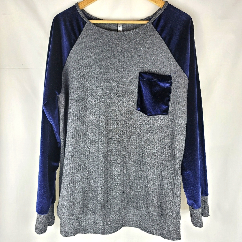 Acting Pro Gray Sweater with Blue Velour Sleeves